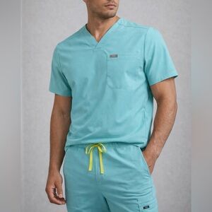 Figs Turquoise Scrub Set with Lime Accents. Medium top. Medium tall bottom.